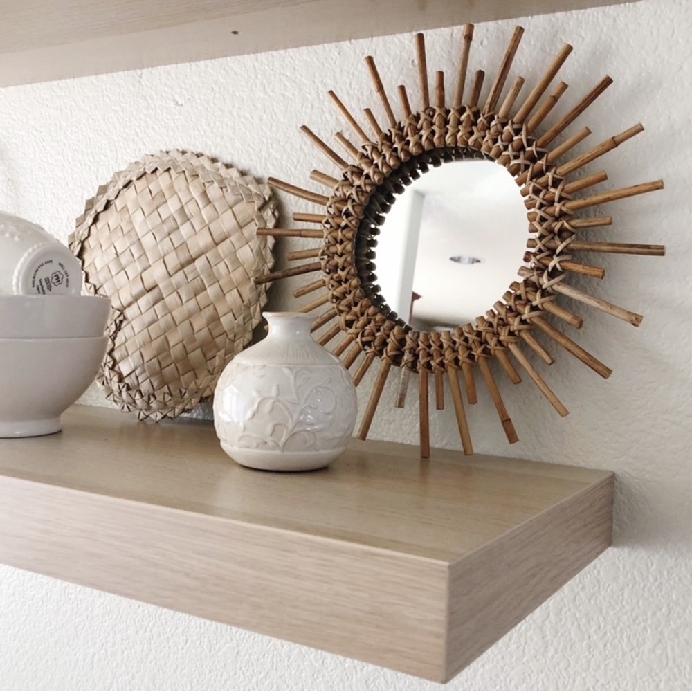 Bamboo wicker rattan small mirror***PLUS 2 Free Pottery Barn bowls (for staging)